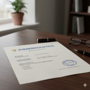 Et nærbillede af et officielt forsikringsdokument, der ligger på et mørkt træbord ved siden af en elegant fyldepen. Dokumentet har overskriften "Insurance Policy" og indeholder forskellige paragraffer, afkrydsningsfelter og en linje til underskrift.